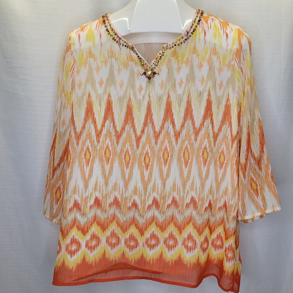 Alfred Dunner Orange Yellow Geo Batik Print Blouse, 12